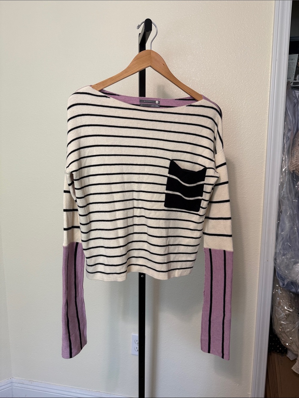 Anthropology 🌷Striped Cream and Black Boatneck Top with Lavender Sleeve Detail